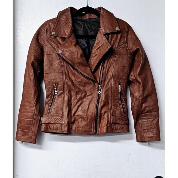 Made In Ecuador 100% Leather Classic Biker Style Tan Brown Women Jacket (M) - Picture 1 of 5